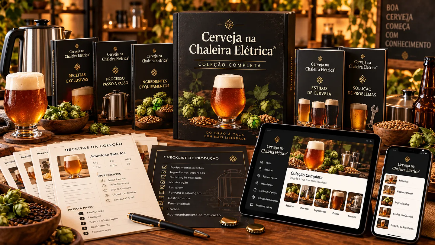 Visão integrada da Coleção Cerveja na Chaleira Elétrica com materiais, fichas, checklist, tablet e celular