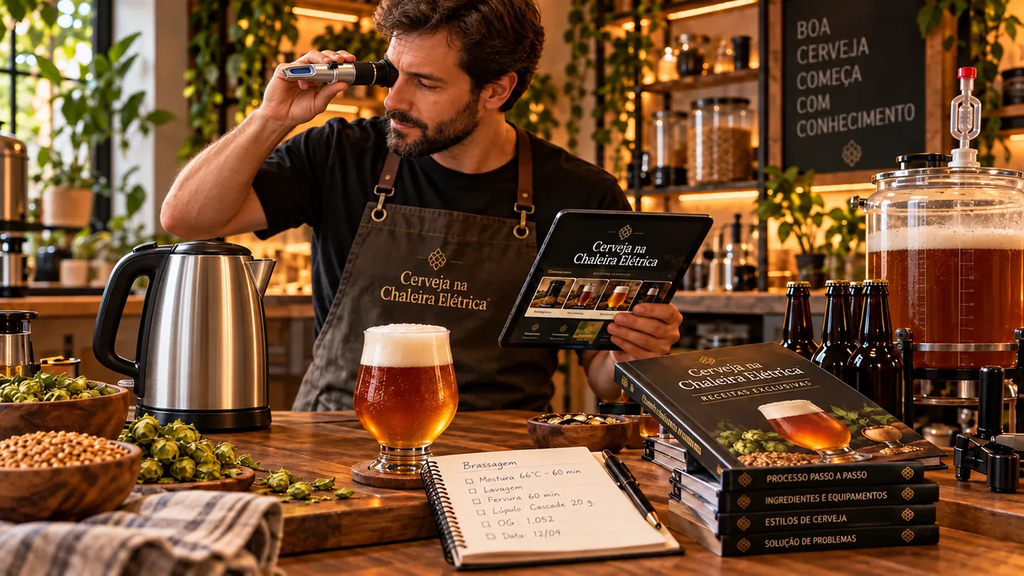 Cervejeiro doméstico acompanhando a produção com chaleira elétrica, fermentador, caderno e coleção digital